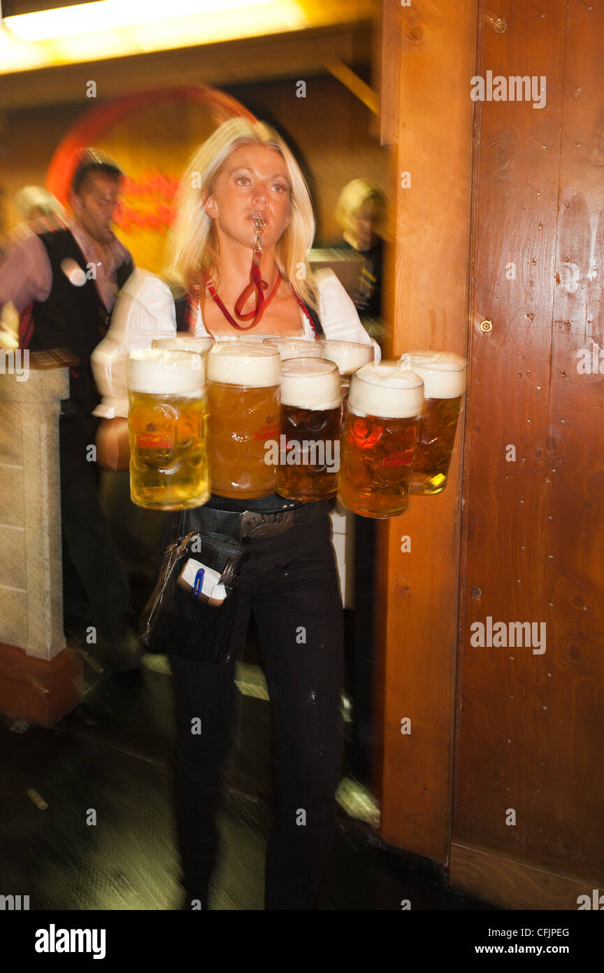 Serving beer at the Stuttgart Beer Festival, Cannstatter Wasen, Stuttgart, Germany, Europe Stock Photo