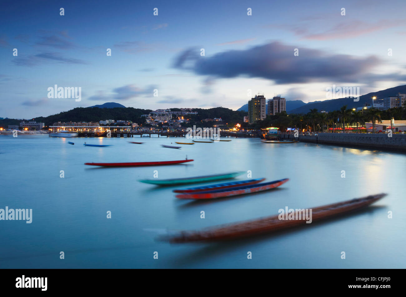 Dragon boats in Sai Kung harbour, New Territories, Hong Kong, China, Asia Stock Photo