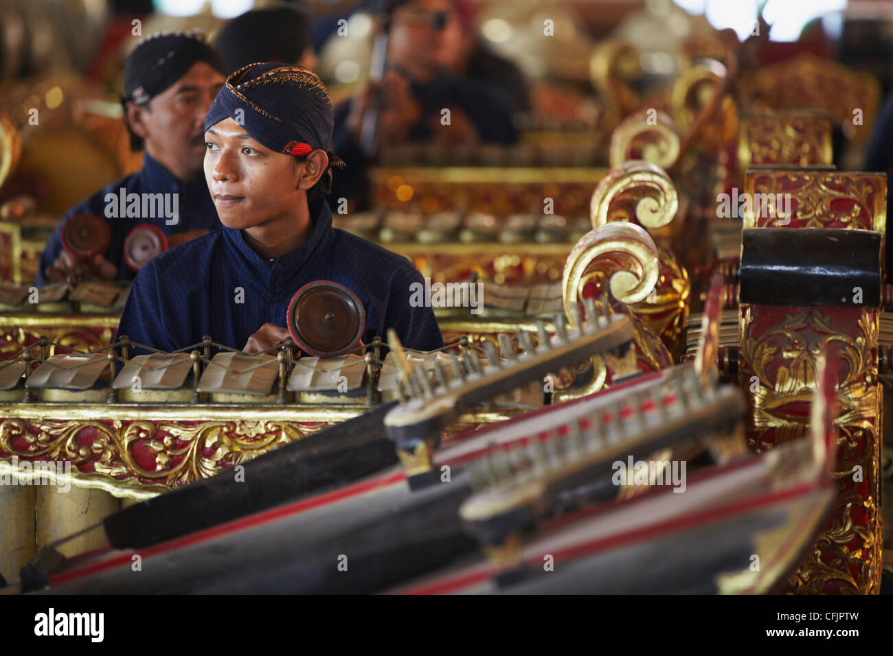 Members of gamelan performance inside Kraton (Palace of Sultans), Yogyakarta, Java, Indonesia, Southeast Asia, Asia Stock Photo