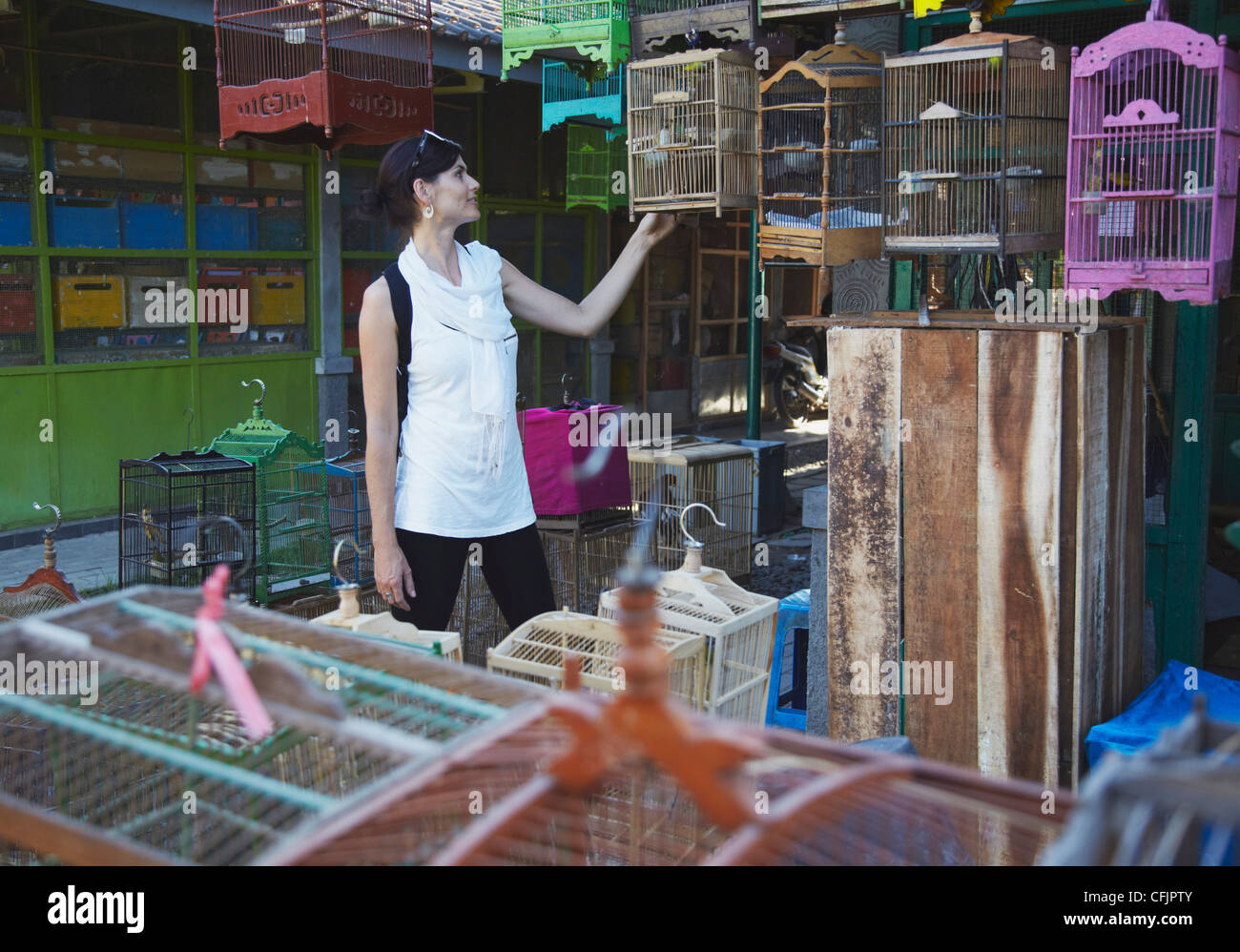Woman at bird market, Yogyakarta, Java, Indonesia, Southeast Asia, Asia Stock Photo