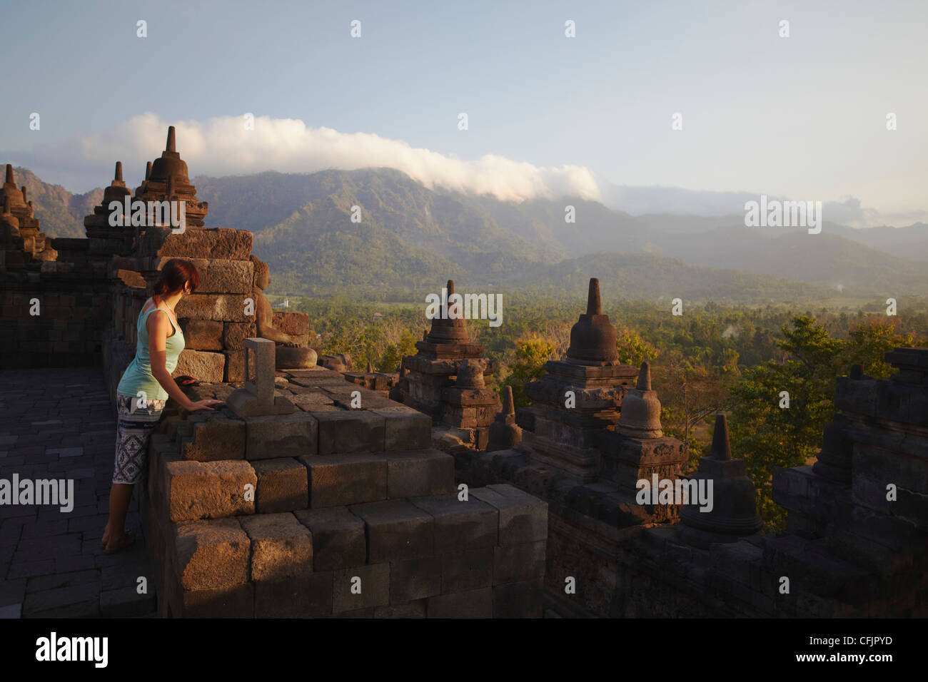 Woman at Borobudur, UNESCO World Heritage Site, Java, Indonesia ...