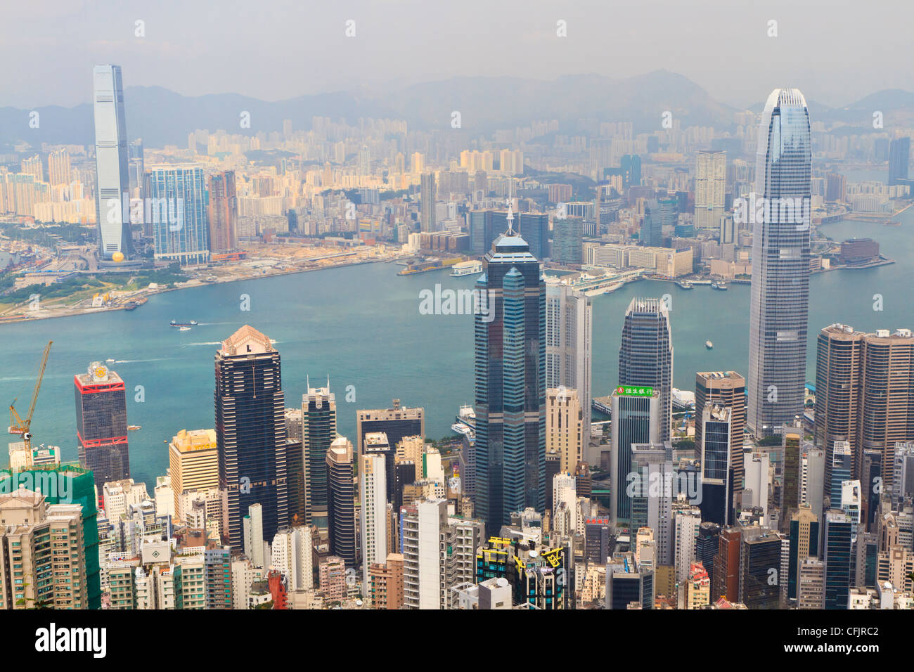 High view of Hong Kong skyline and Victoria Harbour from Victoria Peak, Hong Kong, China, Asia Stock Photo