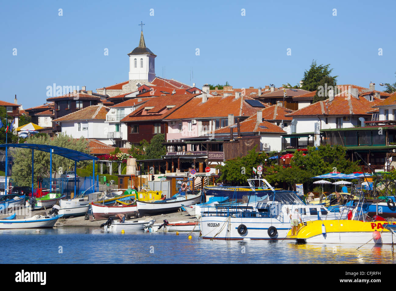 Tower of the Church of the Virgin Mary above the Old Town and Harbour, Nessebar, Black Sea, Bulgaria, Europe Stock Photo