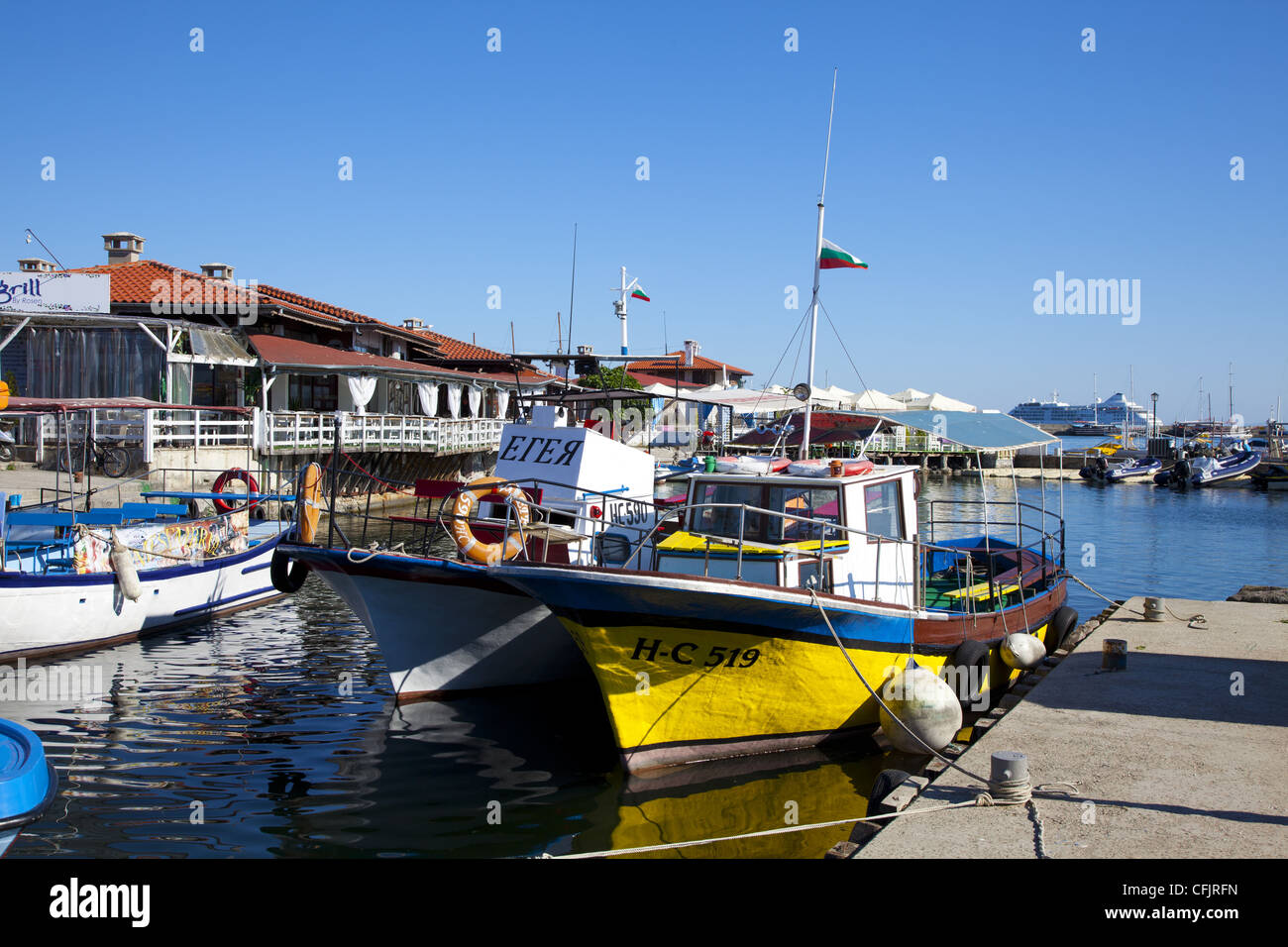 Boats and restaurants along the harbour quay, Nessebar, Black Sea, Bulgaria, Europe Stock Photo