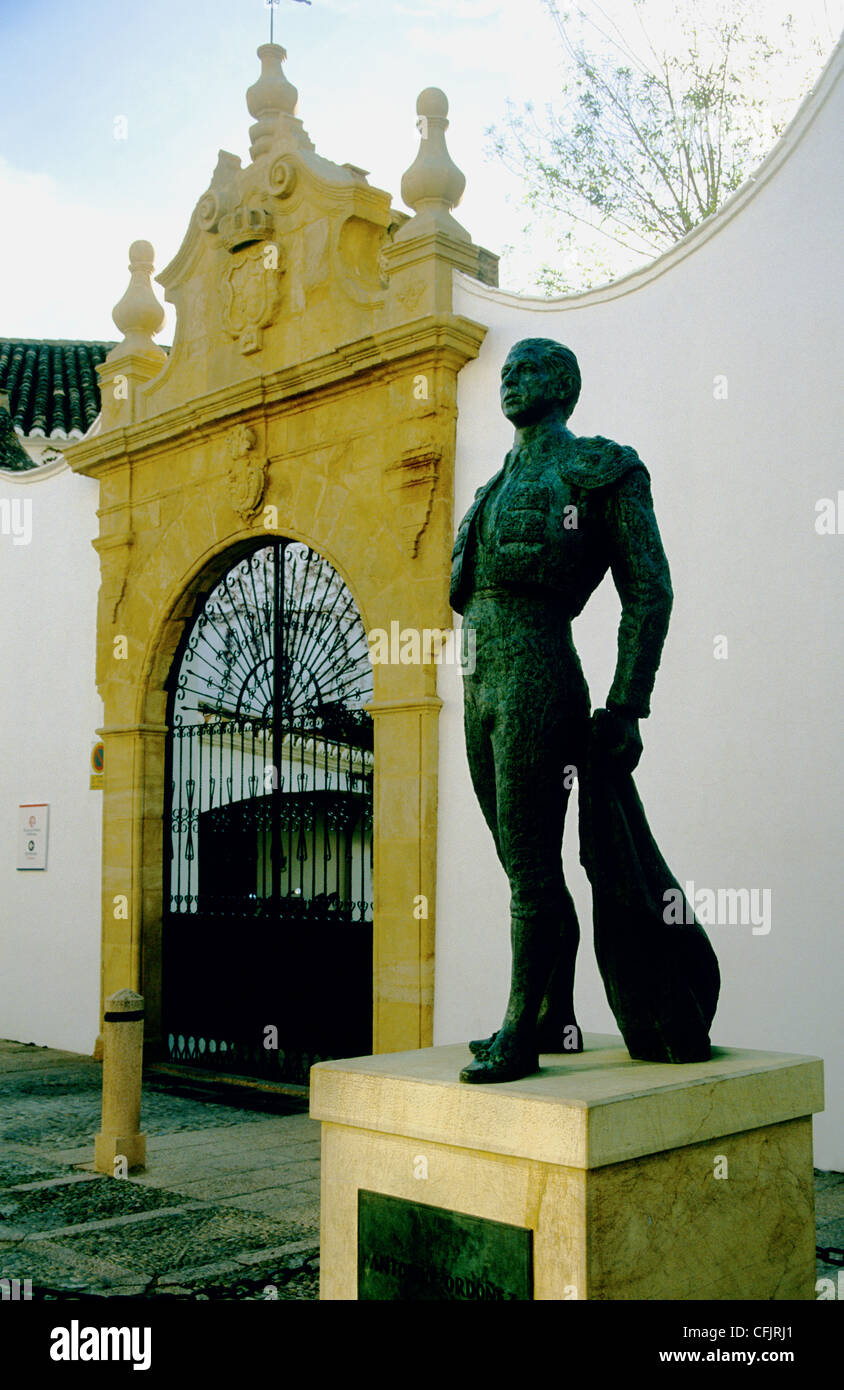 Bronz figure of a bullfighter at the entrance of the famous bullring in Rhonda Andelucia  Spain Europe Stock Photo