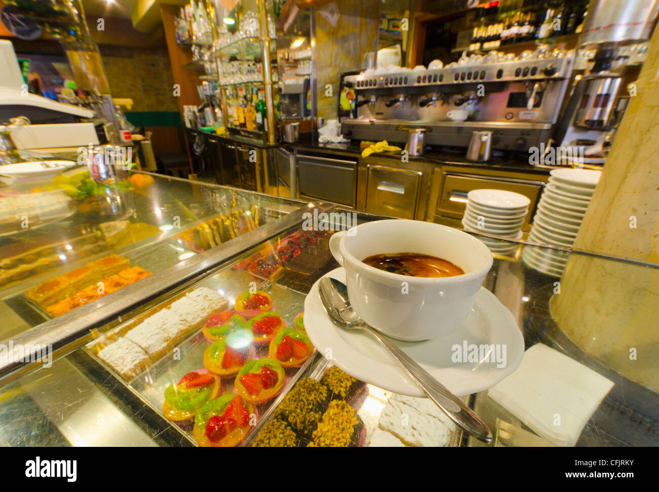 Caffe espresso on a counter of cakes, Venice, Veneto, Italy, Europe Stock Photo