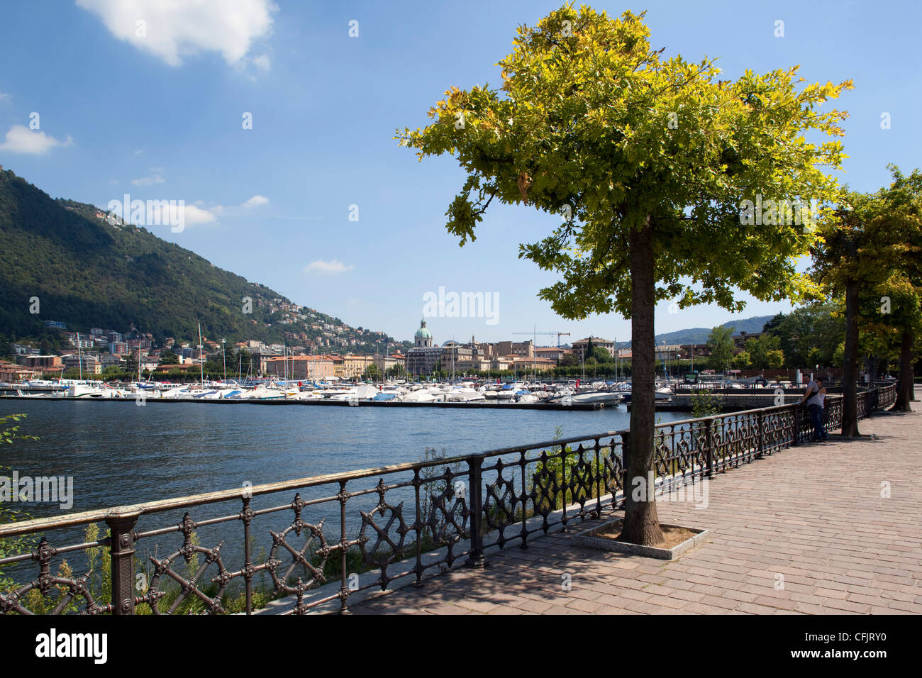View of town from lakeside, Como, Lake Como, Lombardy, Italian Lakes, Italy, Europe Stock Photo