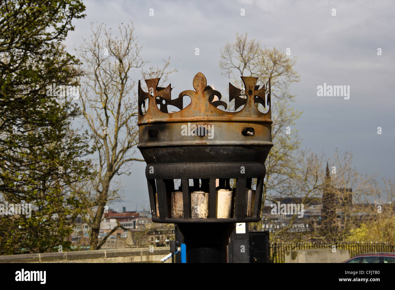 Flame lamp outside Edinburgh Castle. This is a large metal structure