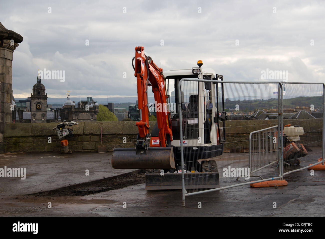 Repair work and equipment at Edinburgh Castle. This is in the large open area in front of the entrance, with a view of the city. Stock Photo