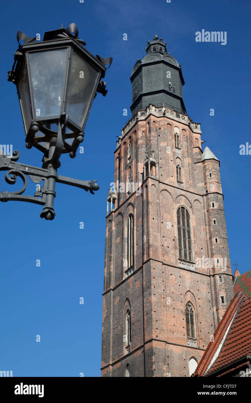 St. Elisabeth Church and lamp, Old Town, Wroclaw, Silesia, Poland, Europe Stock Photo