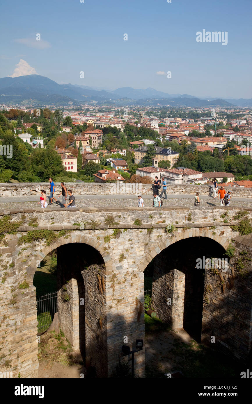 View of Lower Town from Upper Town Wall, Bergamo, Lombardy, Italy, Europe Stock Photo