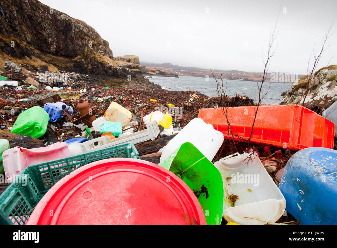 Plastic debris washed ashore at Ardtreck Bay on the Isle of Skye, Scotland, UK. Stock Photo