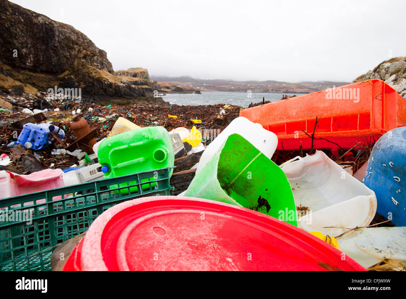Plastic debris washed ashore at Ardtreck Bay on the Isle of Skye, Scotland, UK. Stock Photo