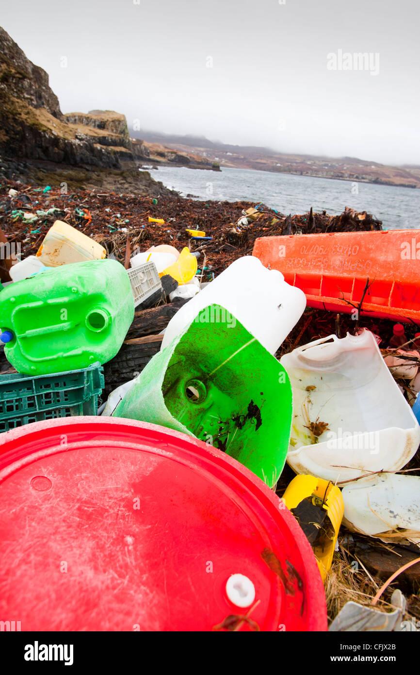 Plastic debris washed ashore at Ardtreck Bay on the Isle of Skye, Scotland, UK. Stock Photo
