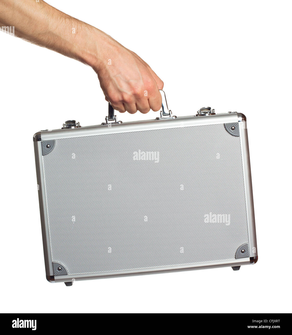 Silver metal briefcase in hand. Isolated on white Stock Photo Alamy