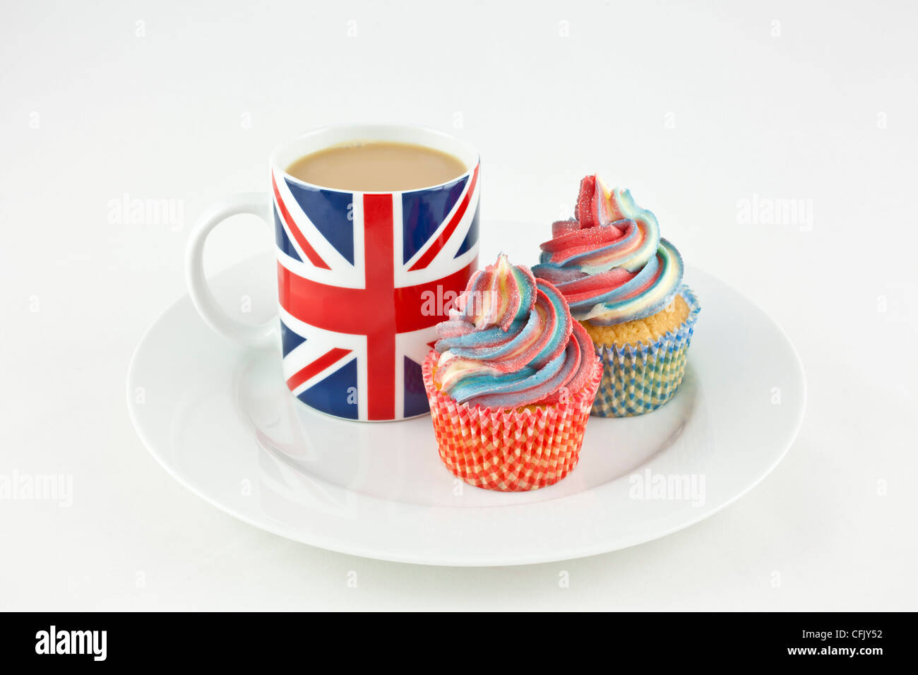 Union Jack Flag Mug of tea and cupcakes Stock Photo
