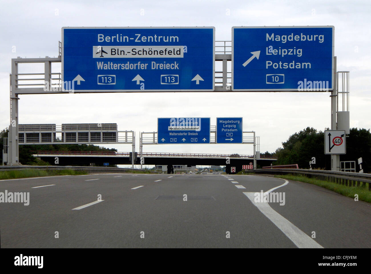 Motorway in front of the Schoenefelder Kreuz in the direction of the Airport BBI in Schoenefeld. Stock Photo