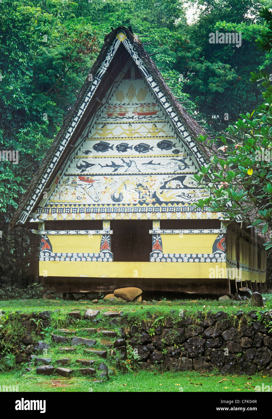 Palau, Micronesia: a Bai - traditional Palauan communal meeting center with painted legends over entry. Stock Photo