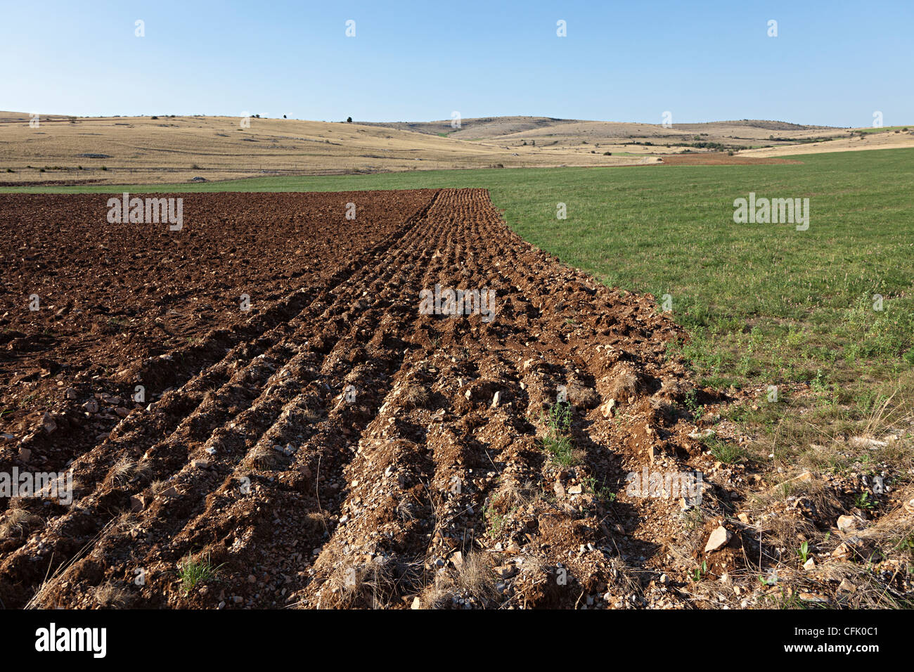 Ploughed land on the Causse Mejean limestone plateau, Lozere, France Stock Photo