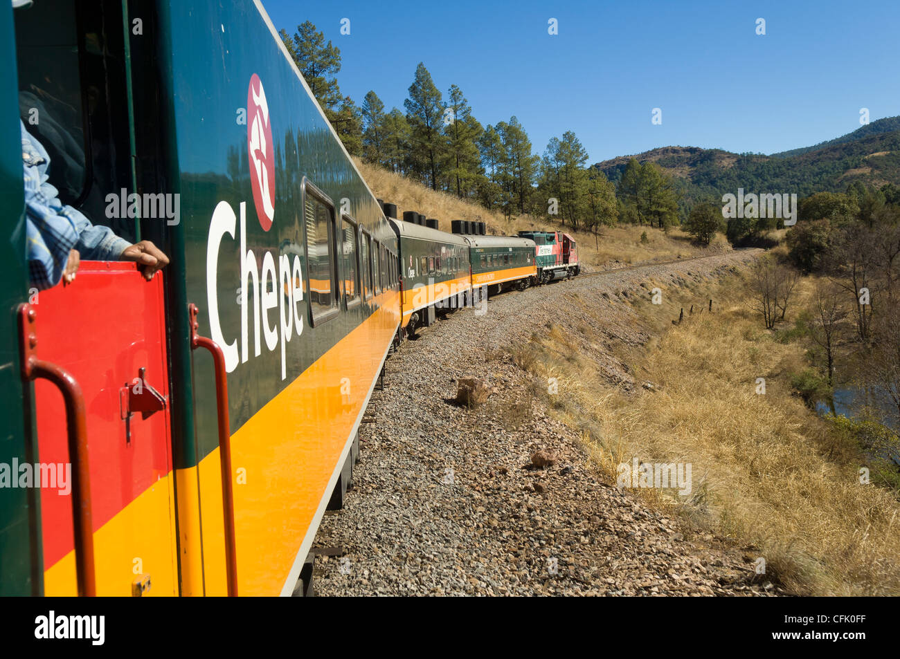 Chihuahua Pacific Railroad train 'Chepe', en route from El Fuerte to Copper Canyon, Mexico. Stock Photo