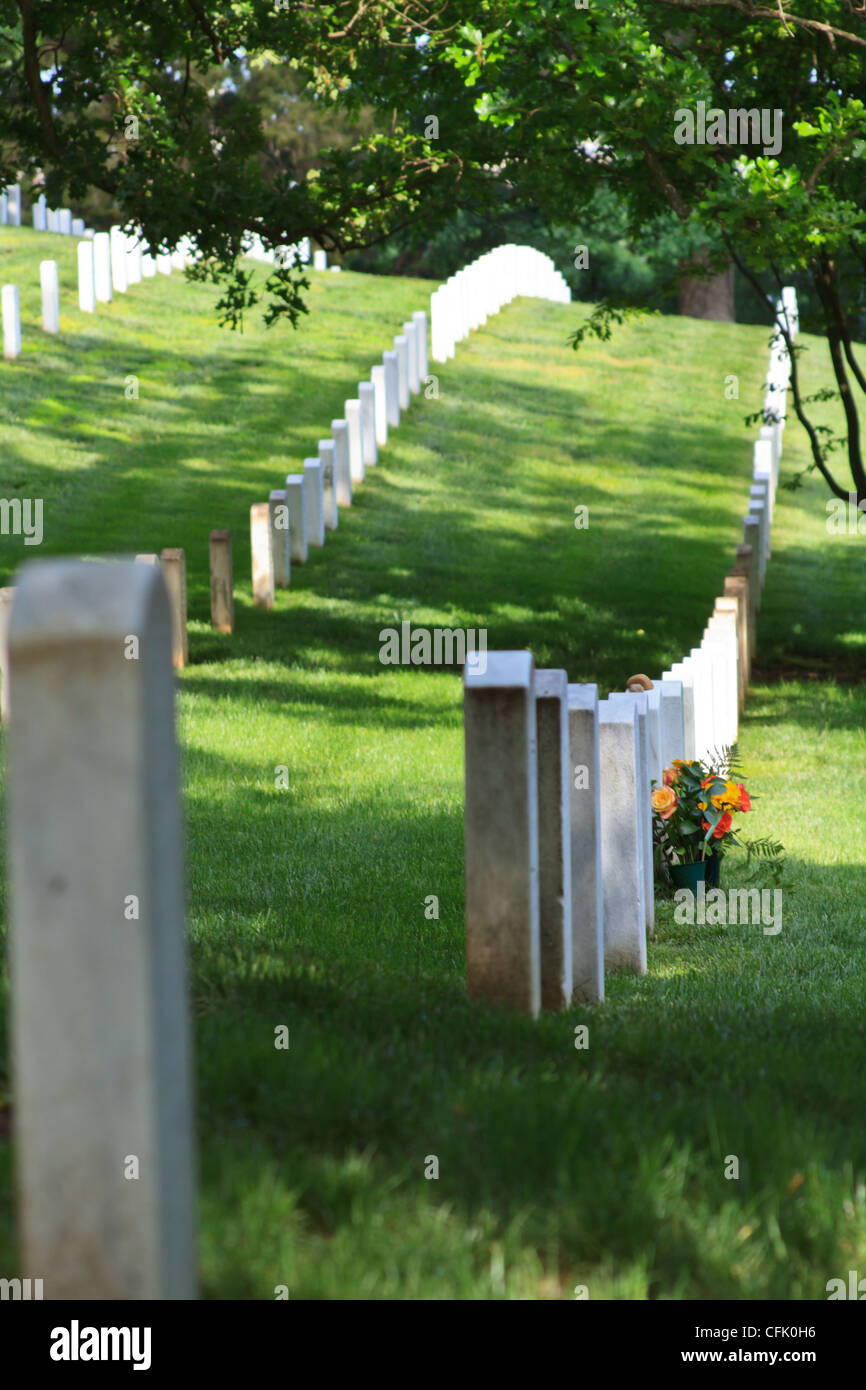 flowers in front of a tombstone, paying respects to a dead soldier at Arlington Cemetery Stock Photo