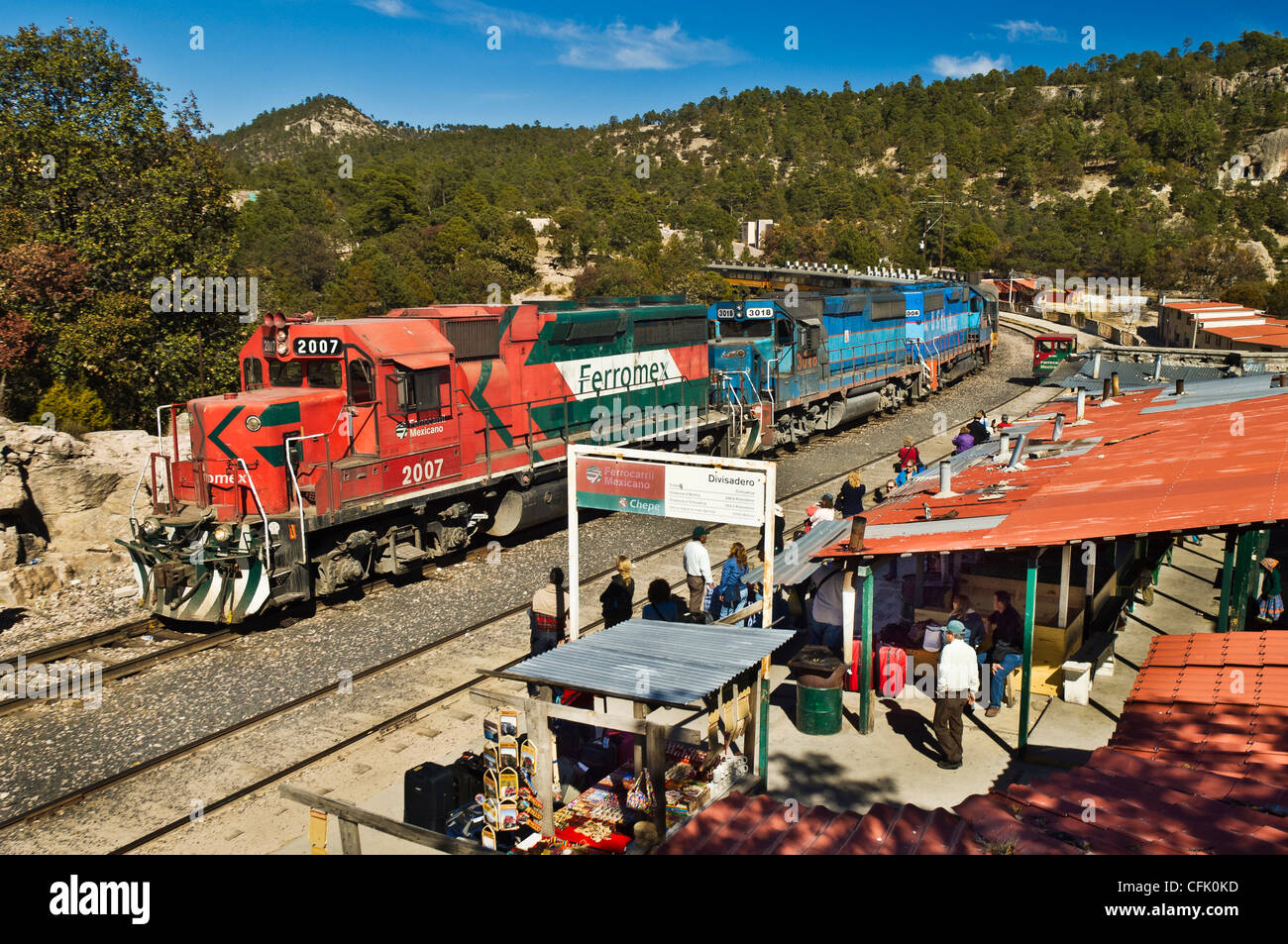El Chepe, the Copper Canyon Railroad train at the Divisidero station in Chihuahua, Mexico. Stock Photo