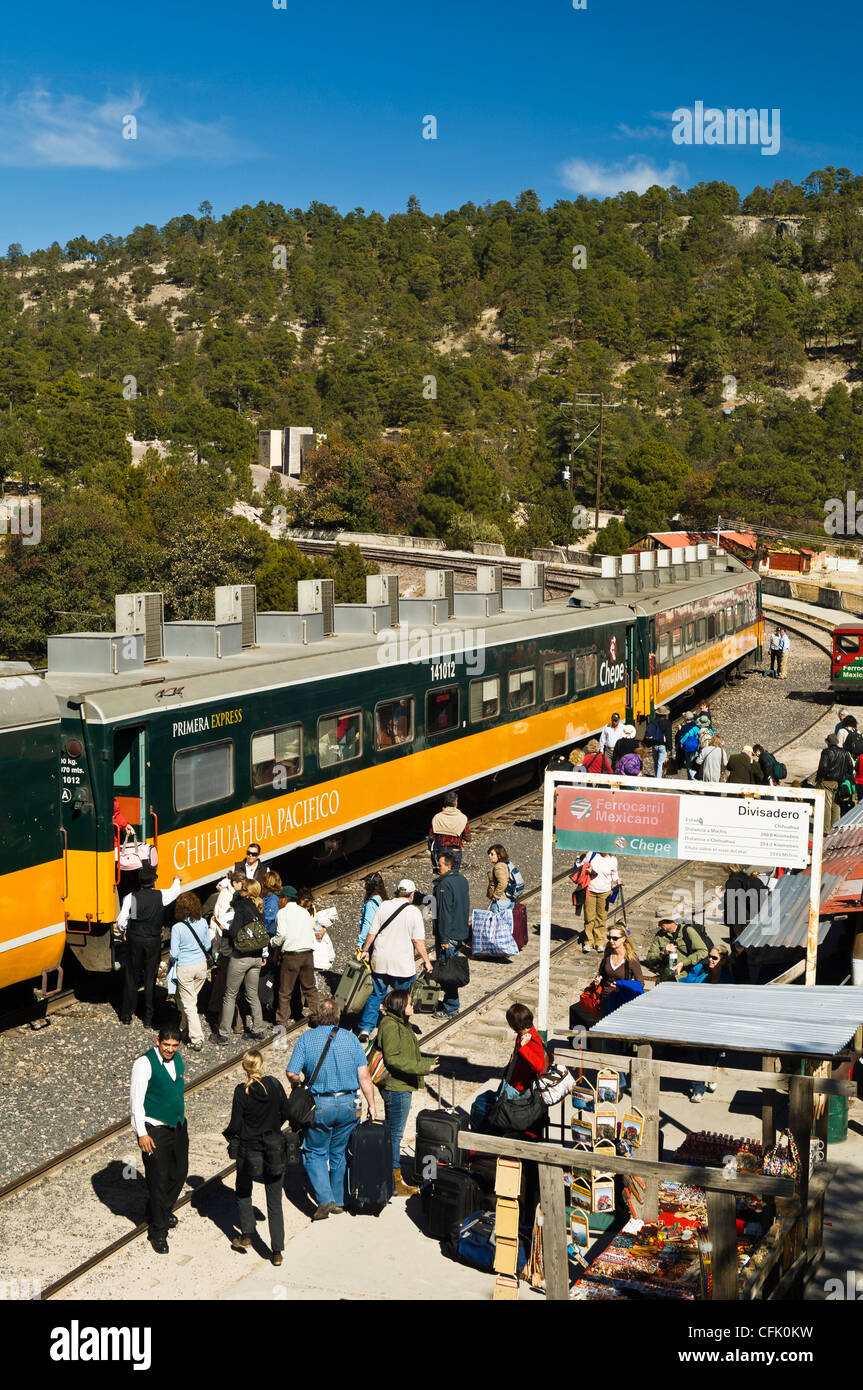 El Chepe, the Copper Canyon Railroad train at the Divisidero station in Chihuahua, Mexico. Stock Photo