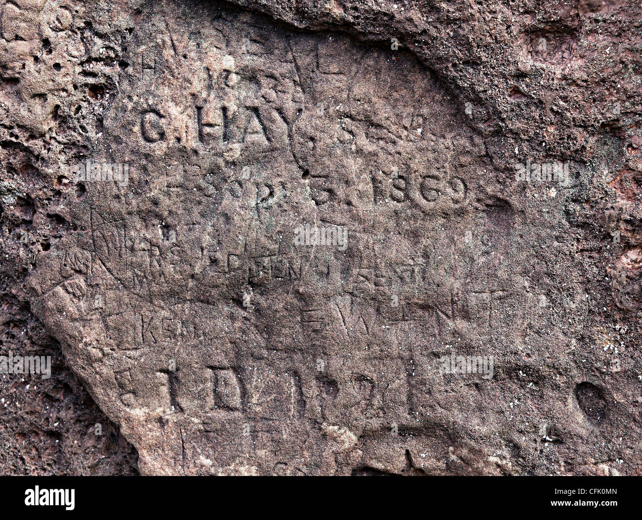 Inscriptions in the side of Maen Llia standing stone, Brecon Beacons National Park, Powys, Wales, UK Stock Photo
