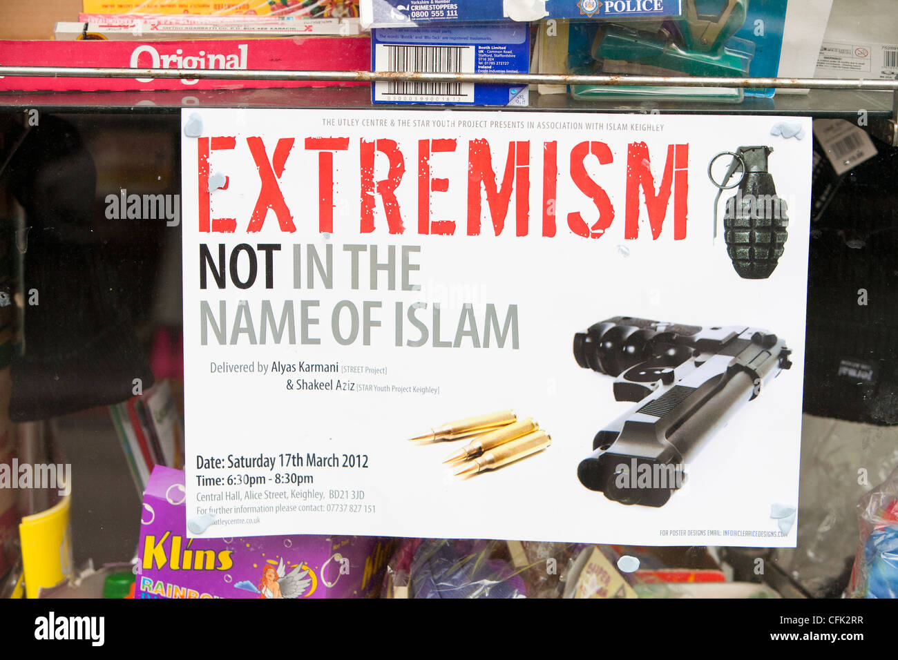 A poster about an anti extrmism event in an Asian shop in Keighley, West Yorkshire, UK. Stock Photo