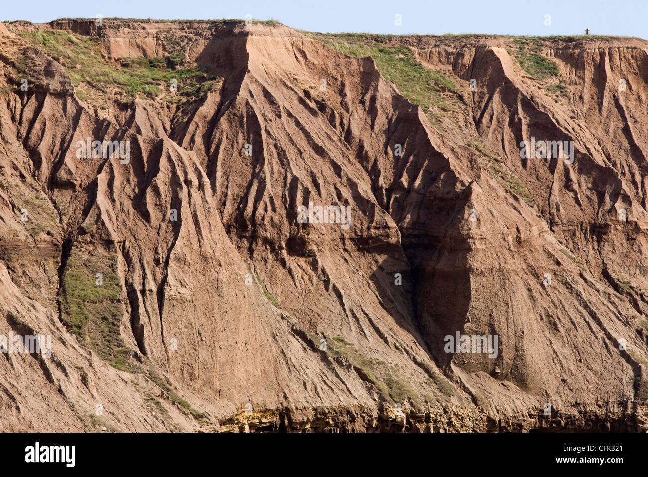 Filey Brigg, Carr Naze, crumbling clay cliffs showing landslides and ...