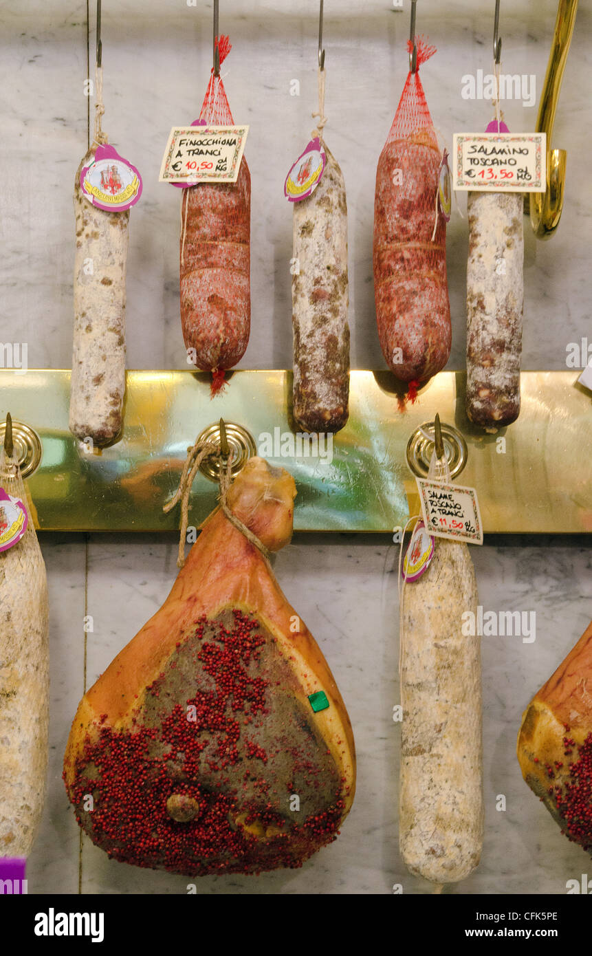 Cured meats in butcher shop, Florence, Italy Stock Photo Alamy