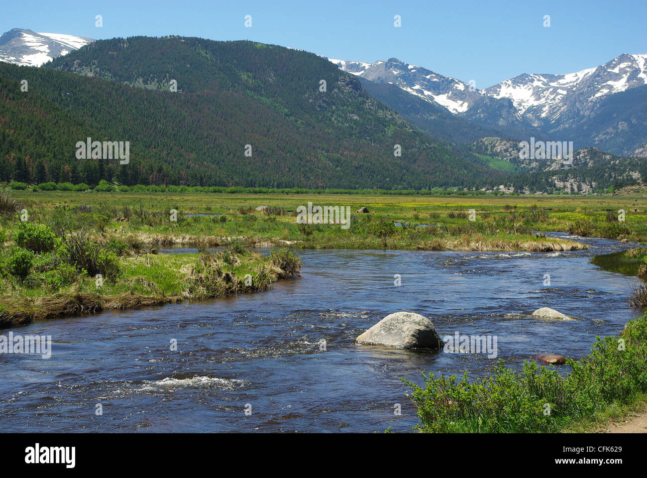 River, rocks, meadows and Rocky Mountains, Colorado Stock Photo