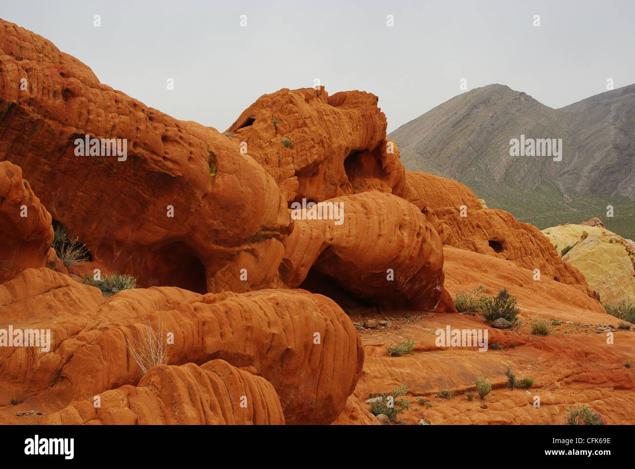 Colours of rocks defying gray skies near Bunkerville Ridge and Mesquite