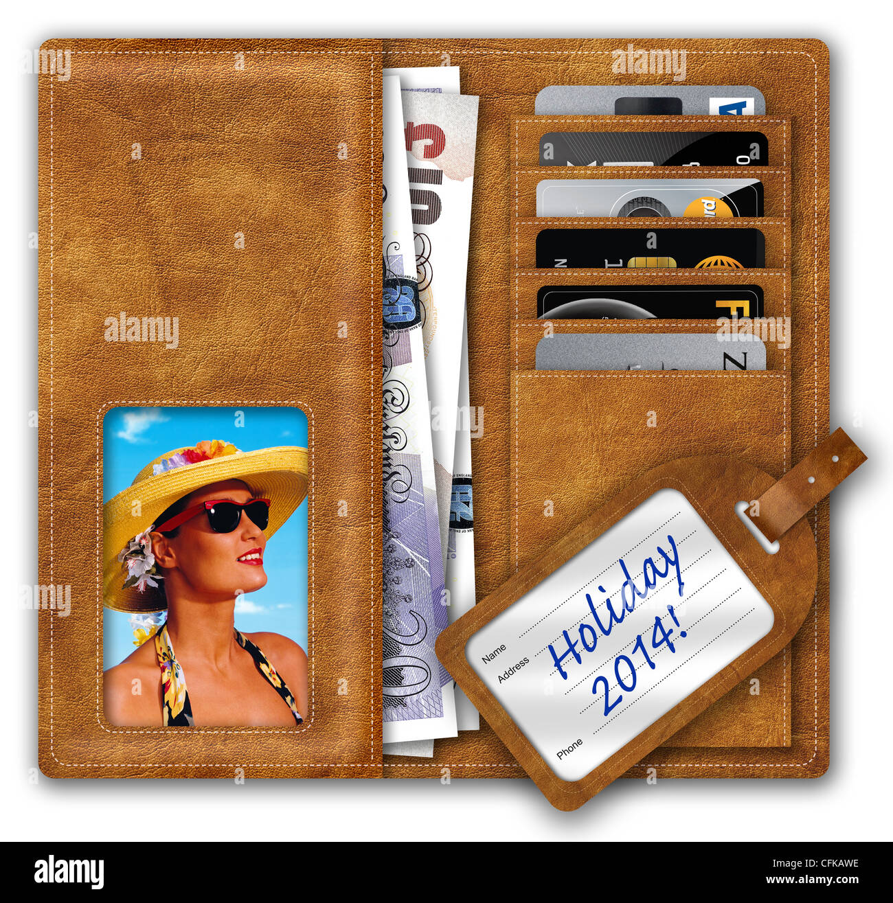 Wallet containing UK Sterling/Pounds and credit cards, picture of holdaymaker and Holiday 2014! label. Stock Photo