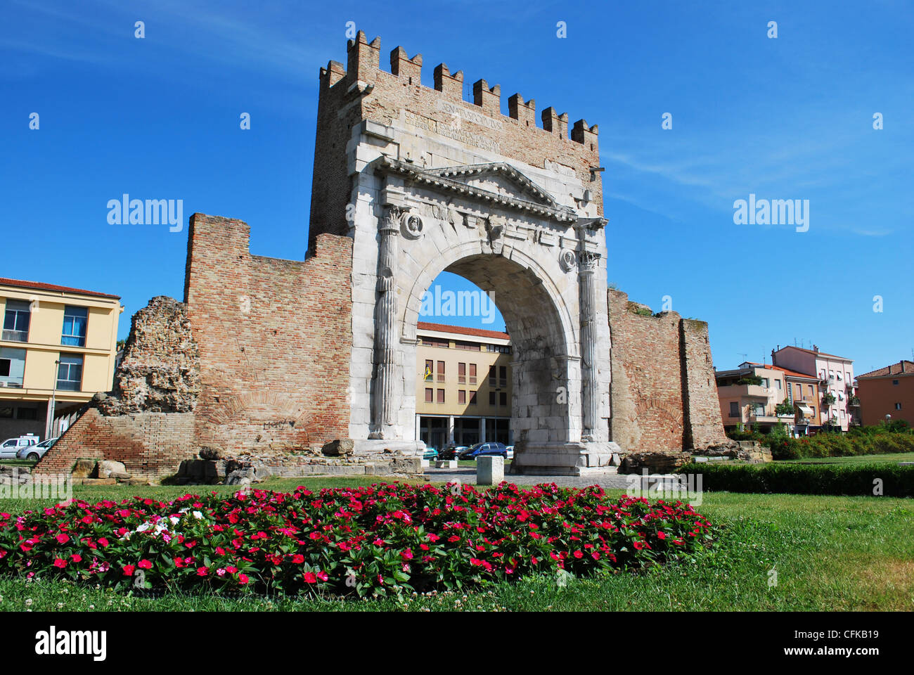 Augustus' triumph arch, historical famous roman landmark, Rimini, Emilia Romagna, Italy Stock Photo
