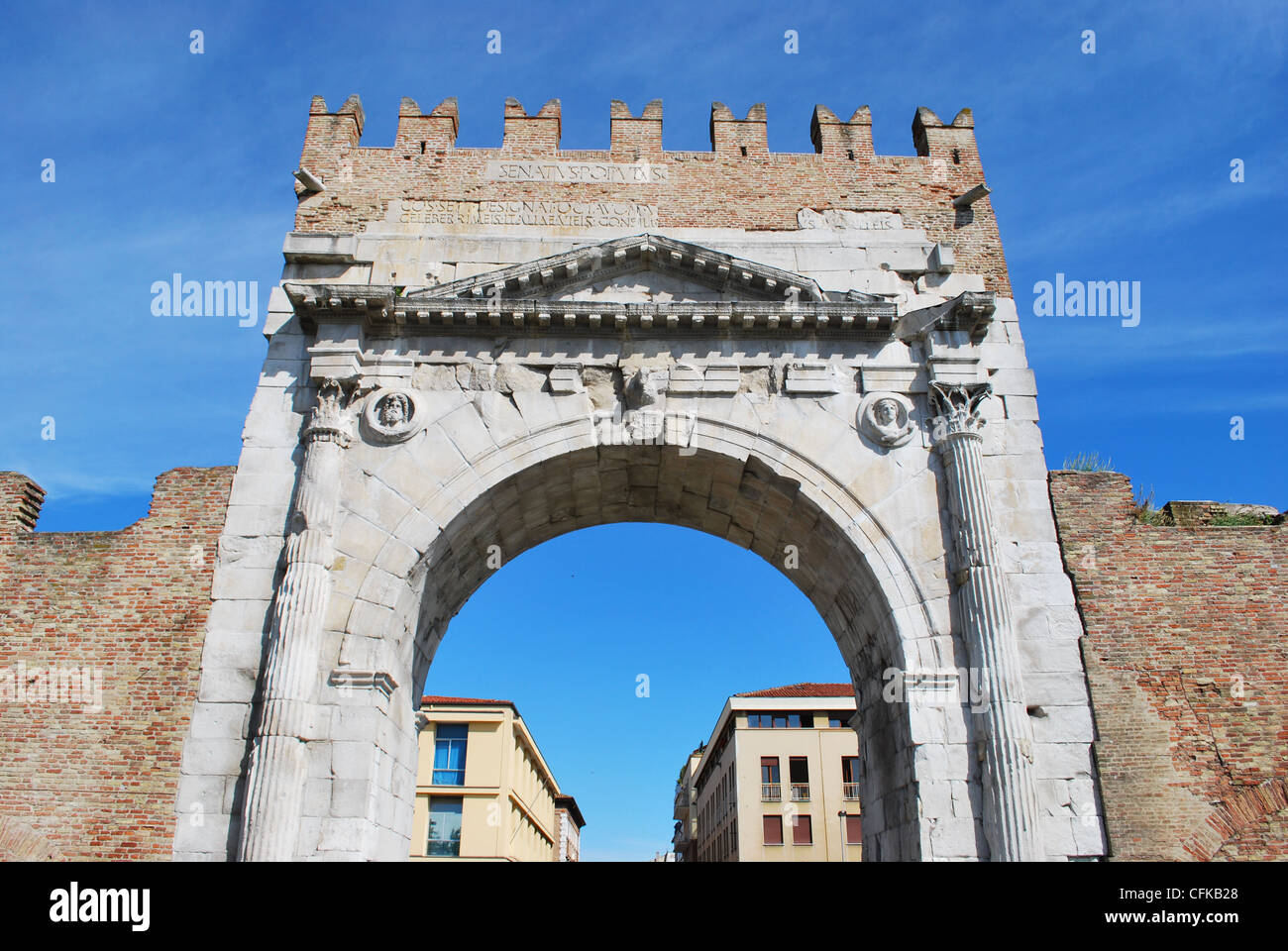 Augustus' triumph arch detail, historical famous roman landmark, Rimini, Emilia Romagna, Italy Stock Photo