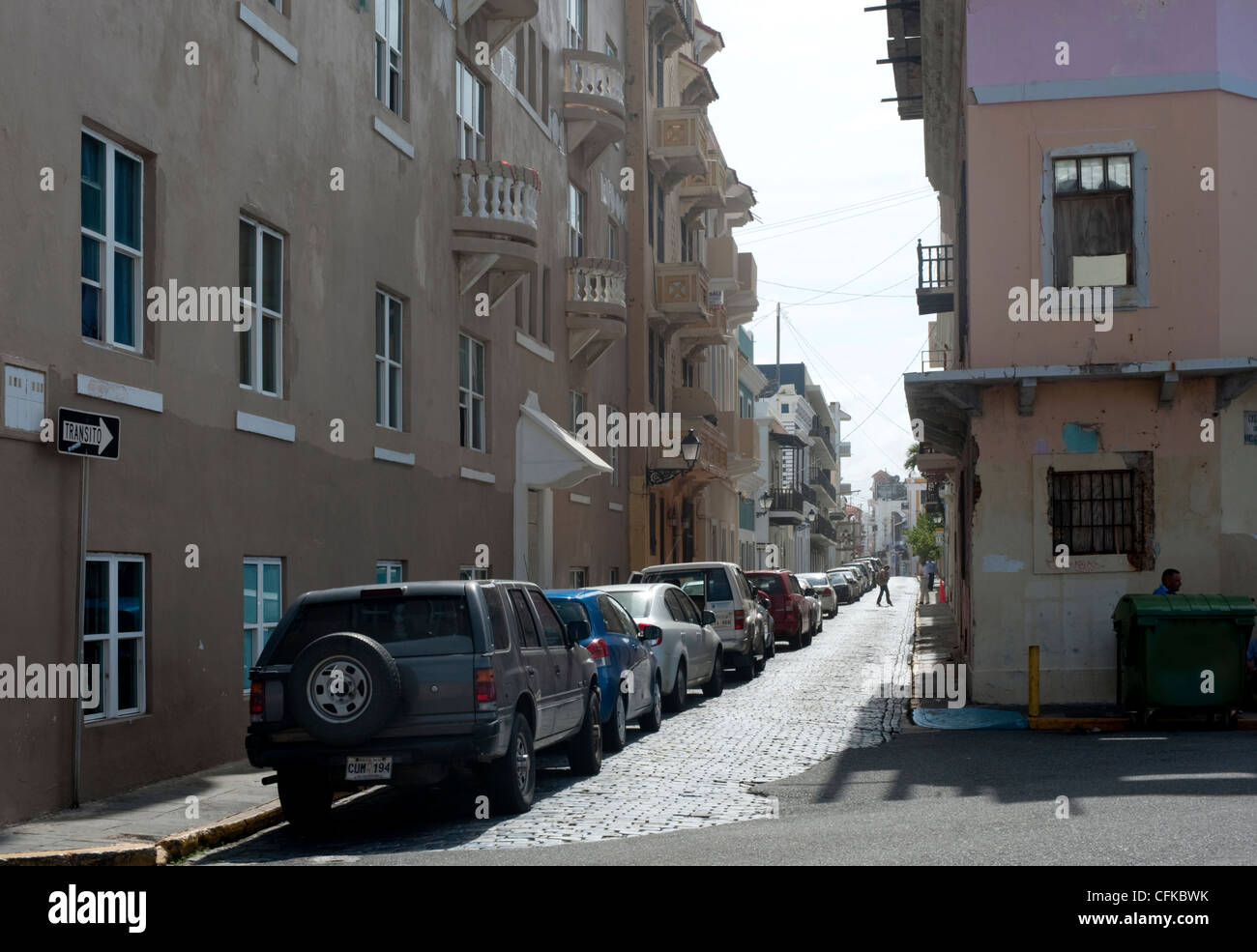 Cars parked along a street of Old San Juan island near the Fort, Puerto Rico Stock Photo