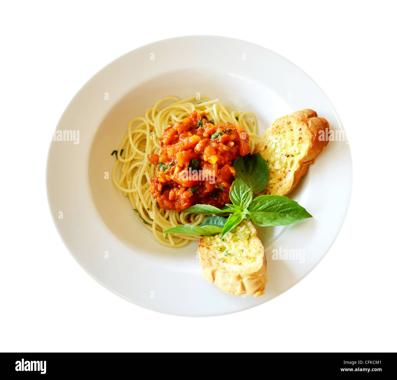 pasta with tomato sauce and meat and garlic bread Stock Photo Alamy