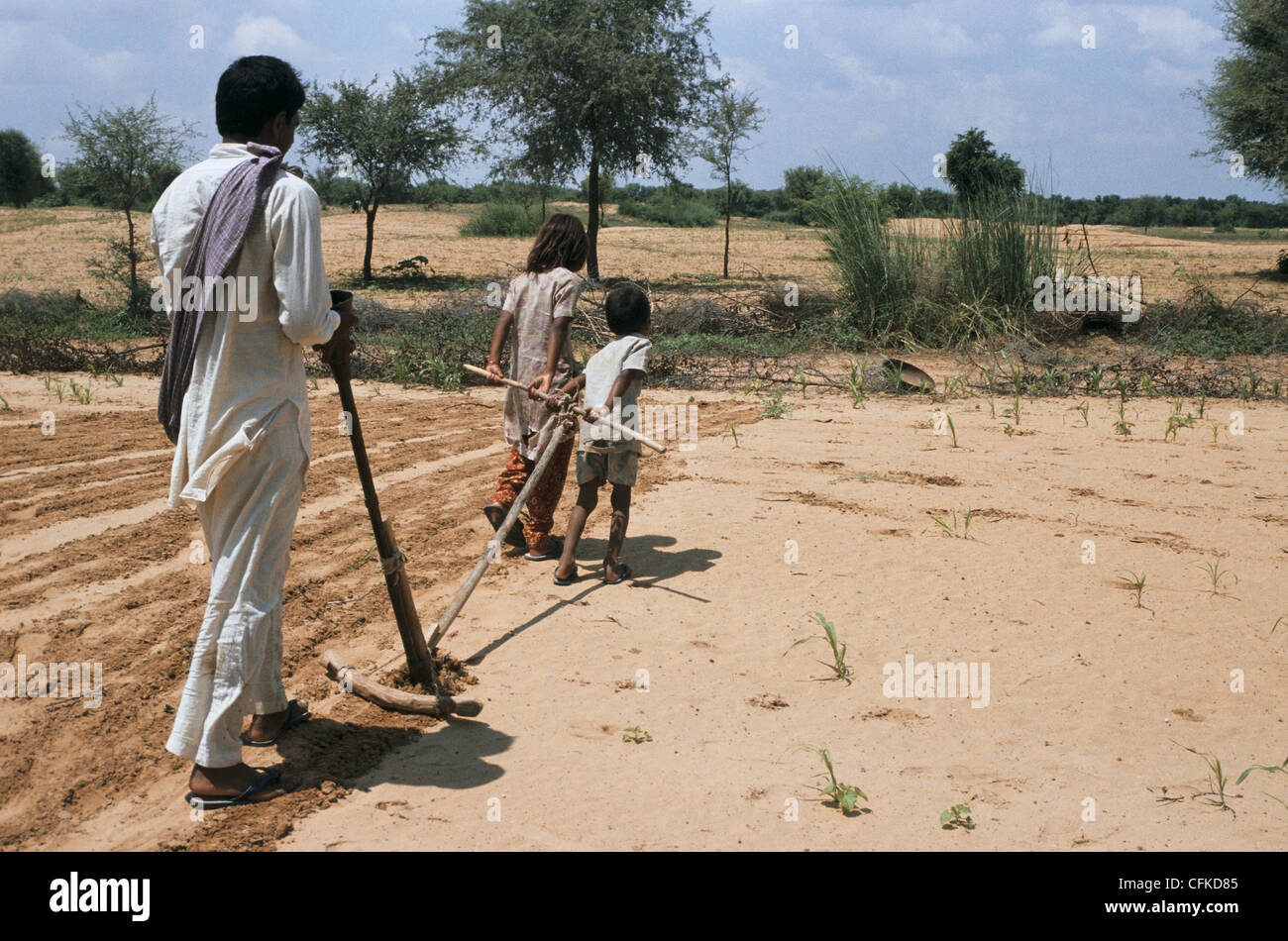Two children are pulling a plough while a man is conducting them