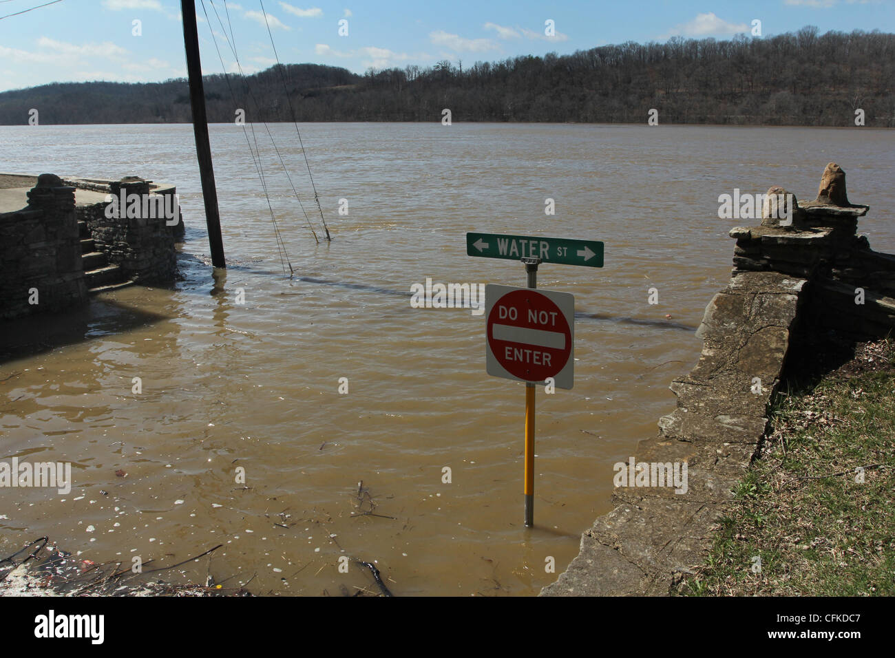 Water level on road water street during flood Ohio River Moscow Ohio