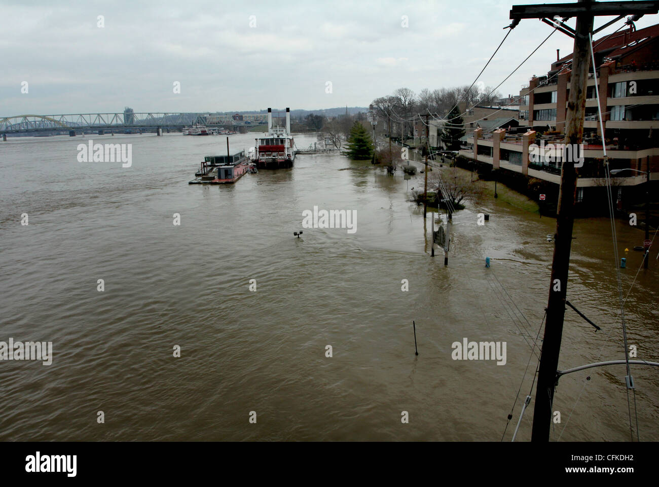 Water level during flood Ohio River Covington Kentucky normal river