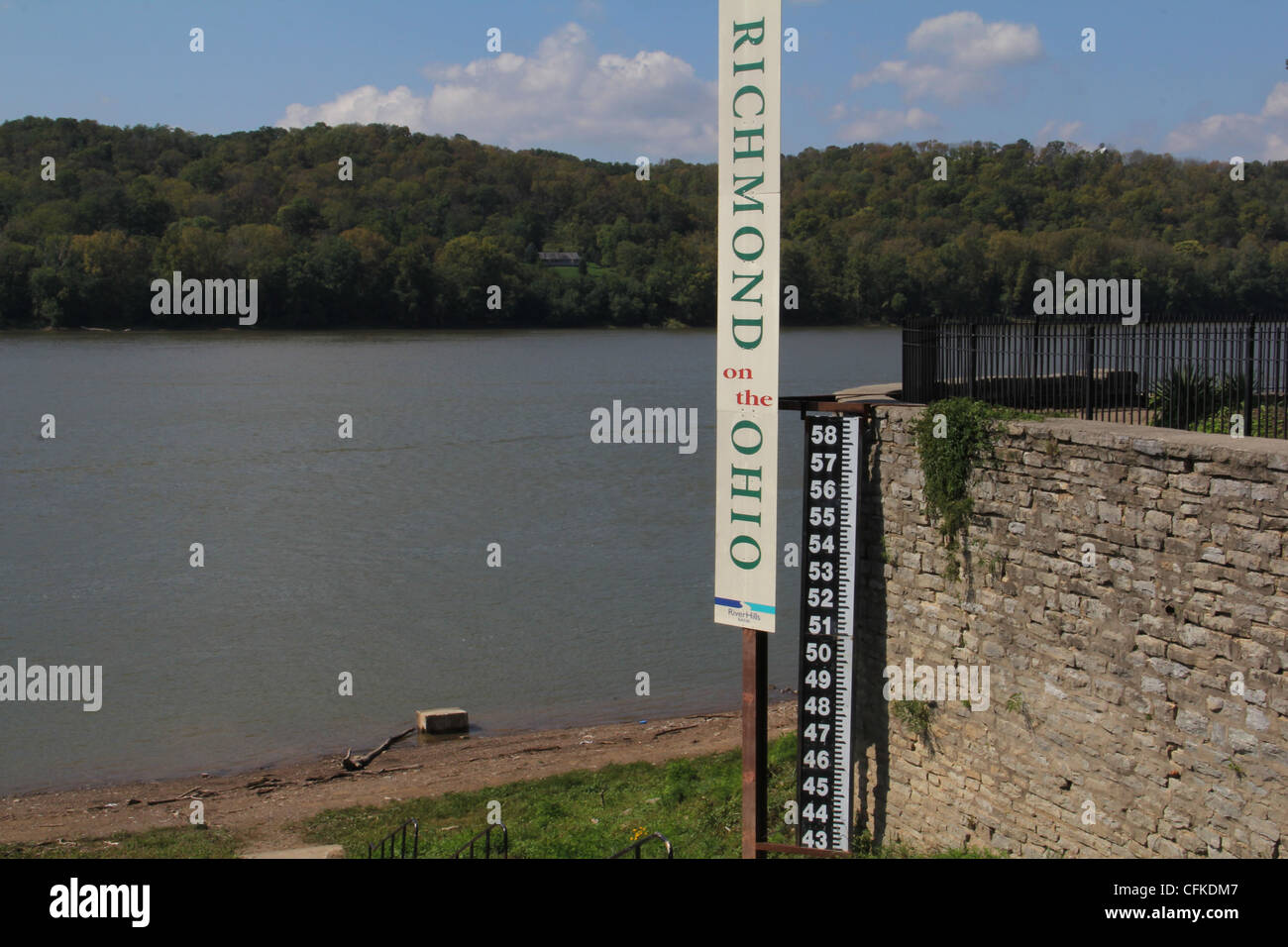 normal river level on scale level marker Ohio River New Richmond Ohio during flood photo CFKDMC Stock Photo