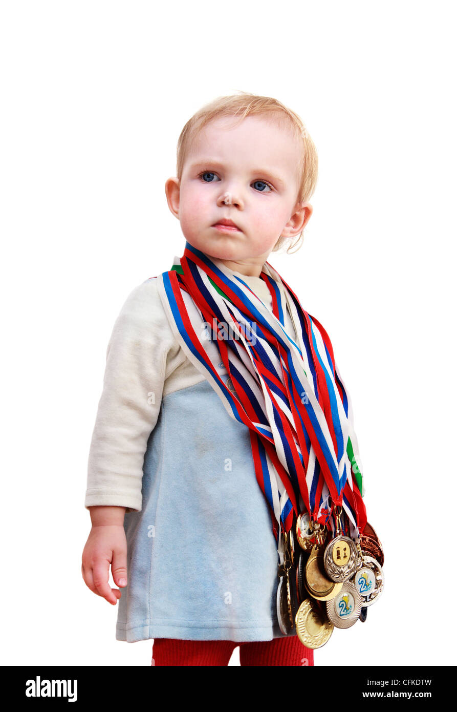 The little girl will be the champion of chess. Isolated on white background Stock Photo