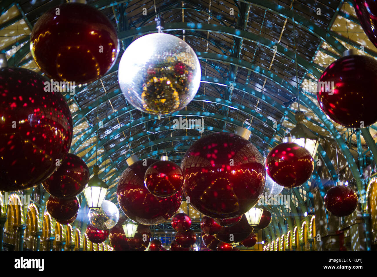 Covent Garden Christmas lights general view inside the building Stock