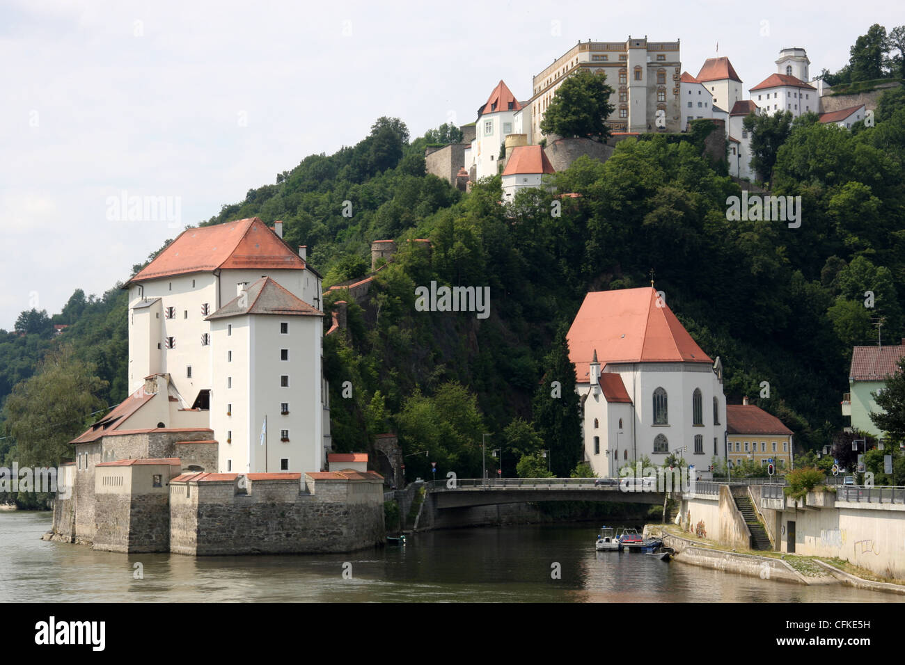 The Ilz River at the confluence with the Danube at Passau, Germany (Lower Fortress on left) Stock Photo