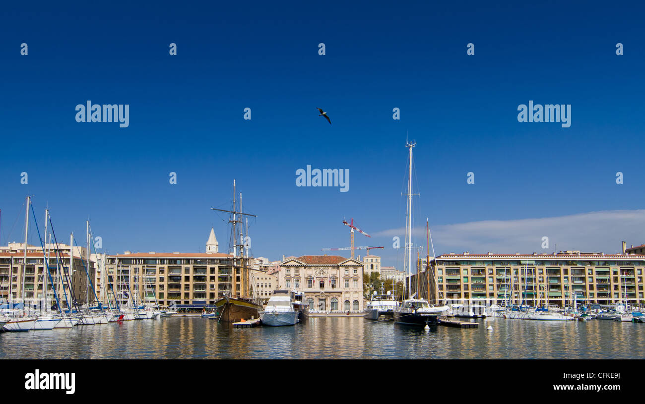 The historical harbor 'Vieux Port' of Marseille. View of the City Hall Stock Photo