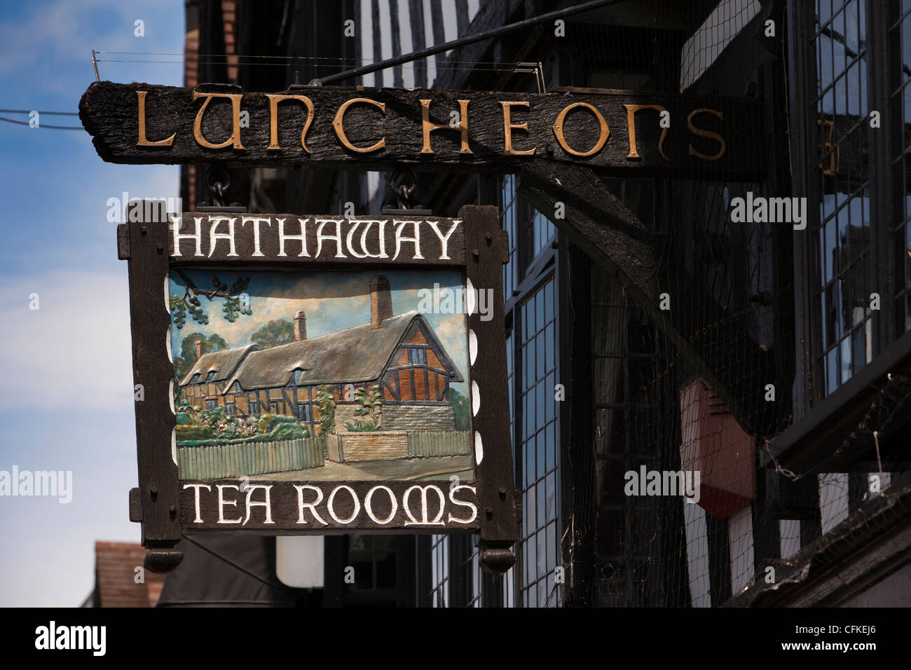 Warwickshire, Stratford on Avon, High Street, sign of Hathaway’s Tea Rooms Stock Photo