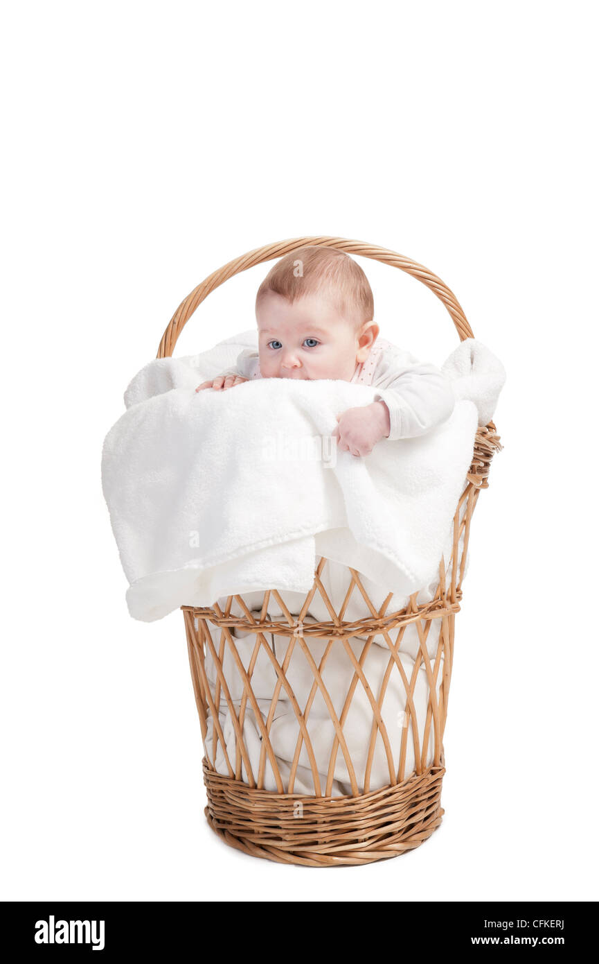 baby in laundry basket, isolated on white Stock Photo Alamy