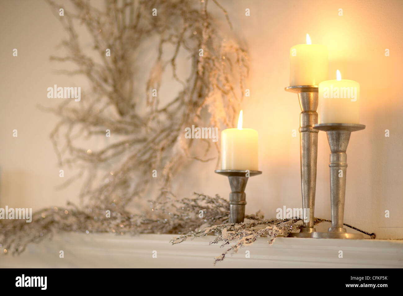 Wreath and Candles on Mantel Stock Photo Alamy