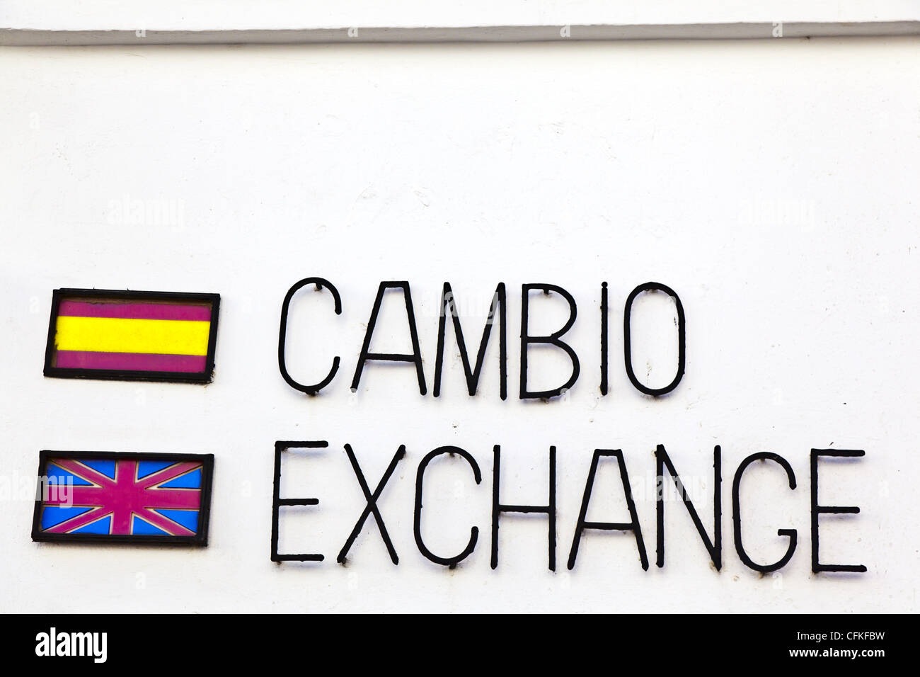 Money exchange bureau sign, Spanish and English Stock Photo
